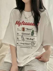 Women's Casual Round Neck Loose Fit Letter & Cartoon Print Short Sleeve T-Shirt, Japanese Style, Spring/Summer - White - View 4