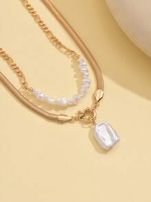 2pcs/Set Elegant Faux Pearl & Gold Chain Necklace Set, Minimalist Jewelry Layering Necklace Suitable For Daily Wear And Casual Outings - Gold - View 3