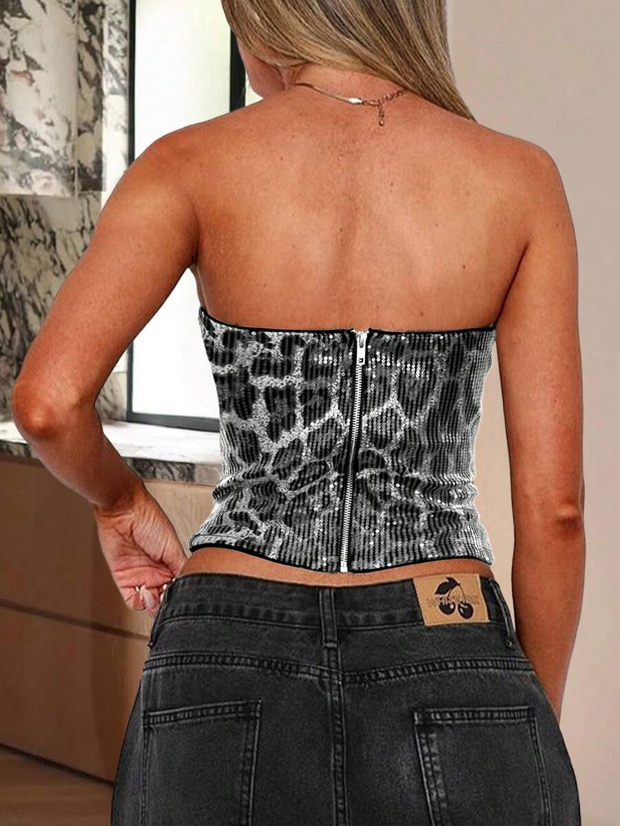Leopard Print Sequin Strapless Top For Night Out, Clubbing, Cocktail Party Summer - Grey - View 1