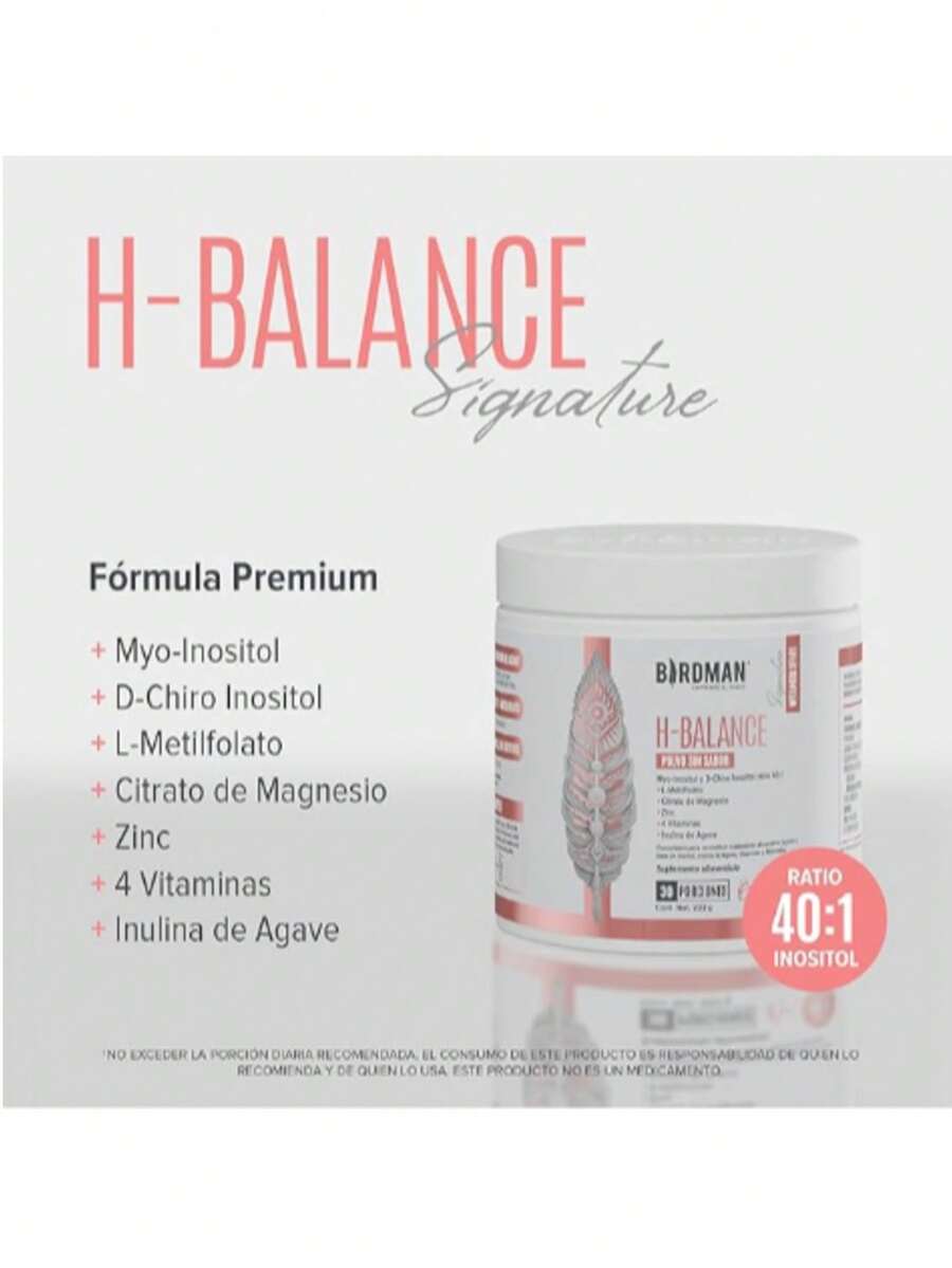 BIRD MAN H-Balance | Myo & D-Chiro Inositol, Citrato de Magnesio, Vitaminas y Zinc | Alta Concentración en Proporción 40:1 | Fórmula Premium Sin Aditivos | Sin Sabor | 30 Porciones | 222g - Blanco - Ver 1