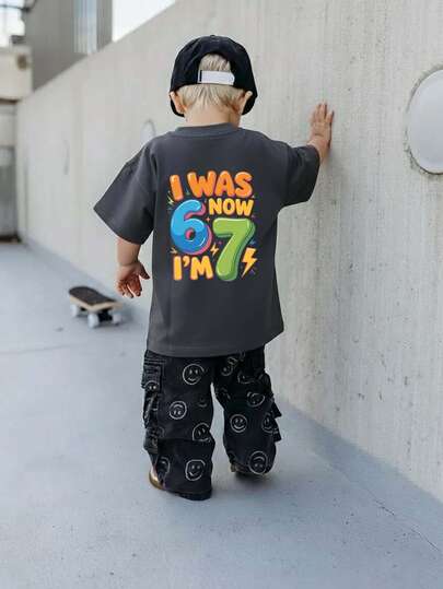Boys' Creative Number 67 Print T-Shirt, Suitable For Casual, Streetwear, School, Events, Fashionable Summer Top For Stylish Young Boys
