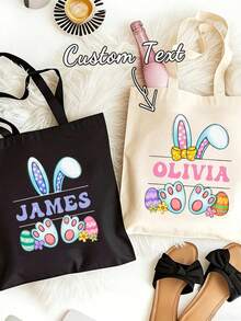 Personalized Easter Bunny Canvas Tote Bag, Customizable Easter Tote Bag With Name, Bunny Ear Easter Tote Bag, Children's Easter Tote Bag, Reusable Tote Bag, Easter Basket, Happy Easter, Easter Gift - Multicolor - View 6