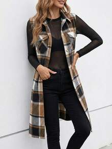 Women's Sleeveless Long Elegant Vest, Casual Outerwear For Outing And Dating, Autumn/Winter - Brown - View 1