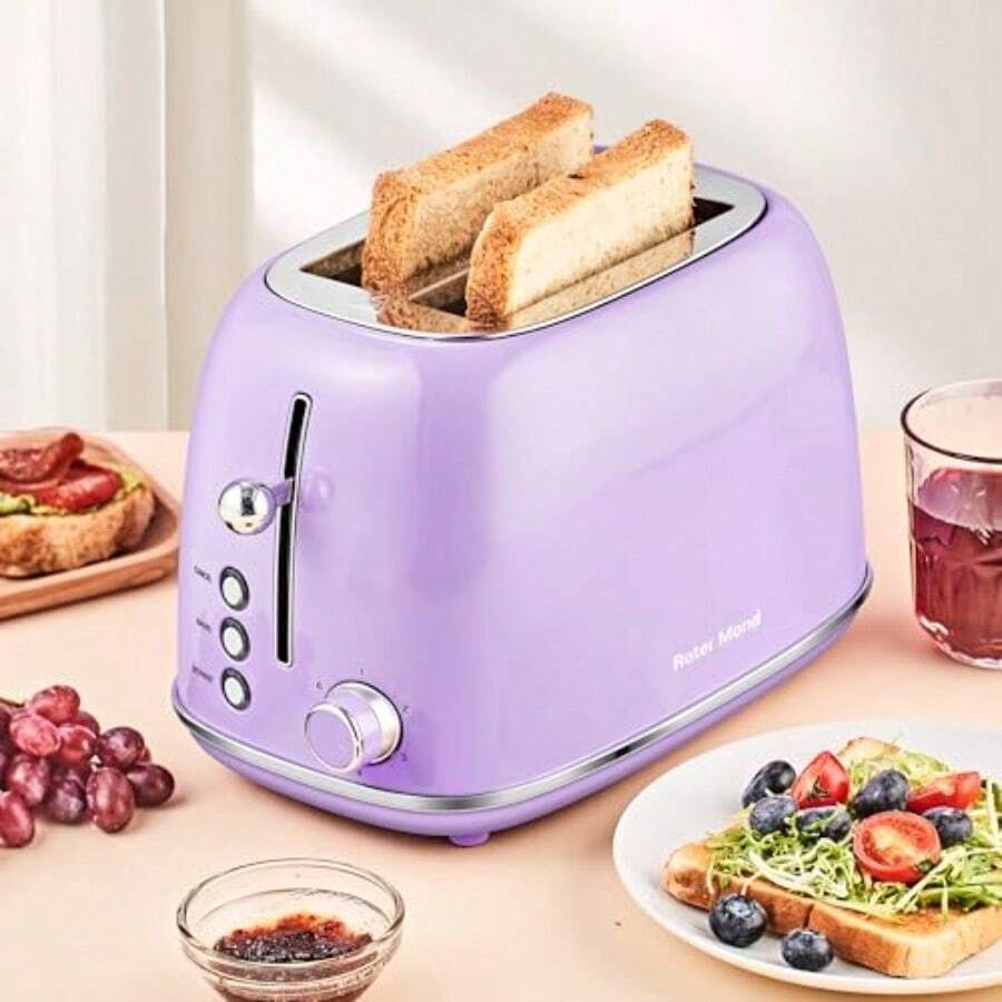 tostador de 2 rebanadas de acero inoxidable retro con funciones de bagel cancelación y descongelación 6 ajustes de sombra de pan ranuras anchas y bandeja extraíble para migas-B007 - Prpura - Ver 1
