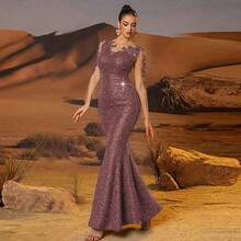CHOSMO Vestido de lentejuelas de sirena, adecuado para bodas, fiestas, cumpleaños, aniversarios, festivales de música, vacaciones, cócteles, cenas formales, sesiones de fotos - Rosa vieja - Ver 7