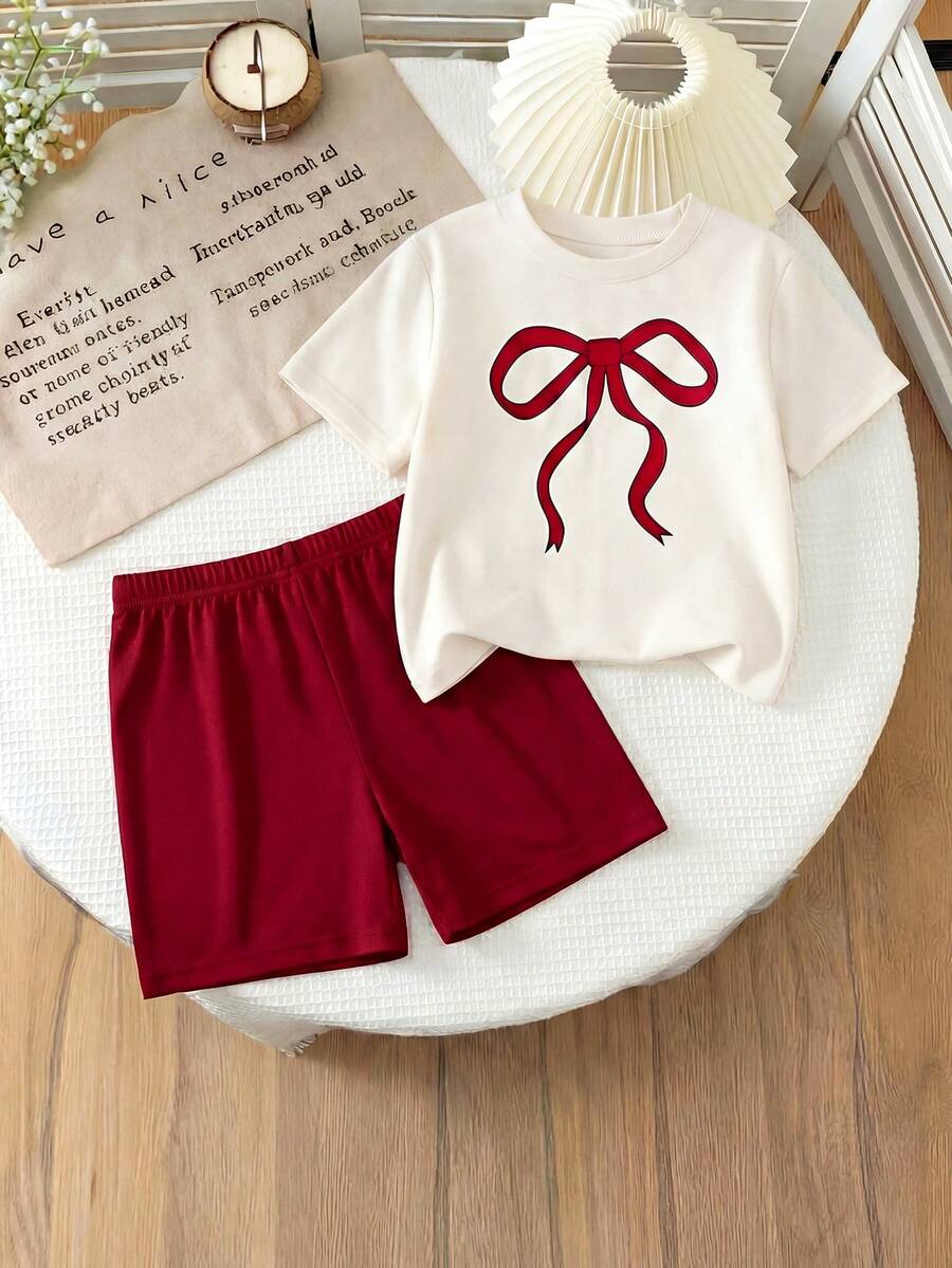 2pcs/Set Young Girl' Sweet Vibe Burgundy Bow Print Top, Fashionable Outfit - White - View 1