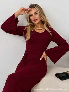 [excelente]Ropa de mujer otoño suelta cuello u enrollado borde trasero atado vestido de manga larga niños - Burdeos - Ver 7