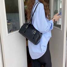 Vintage Black Patent Leather Crossbody Bag With Silver Buckle Detail, Retro Bowling Bag For Women, Y2K Aesthetic Shoulder Purse, Spacious Medium-Sized Handbag For Daily Commute & Casual Outings, Glossy PU Leather Adjustable Strap Tote, Perfect For School, Work & Weekend Errands, Easy To Match With Oversized Shirts & Jeans. - Black - View 3