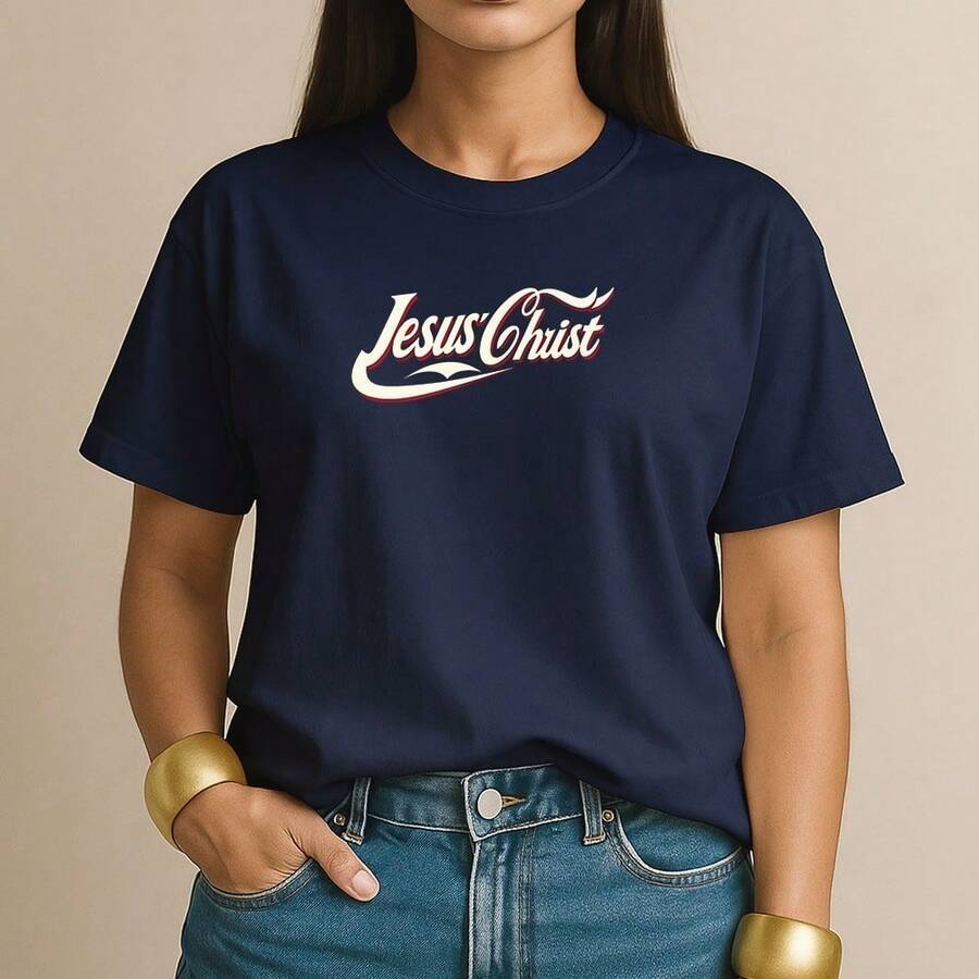 Women's T-Shirt 100% Cotton Jesus Christ Casual Christian Shirt Retro Style For Everyday Fashion - 藏蓝色 - 查看 1