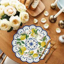 1 pieza/Set, Limón, Azul, Mantel individual redondo de lino para primavera/verano, 38cm, Decoración de mesa de cocina y comedor de temporada, Decoración del hogar de primavera/verano, Primavera, Decoración del hogar para bodas - Multicolor - Ver 3