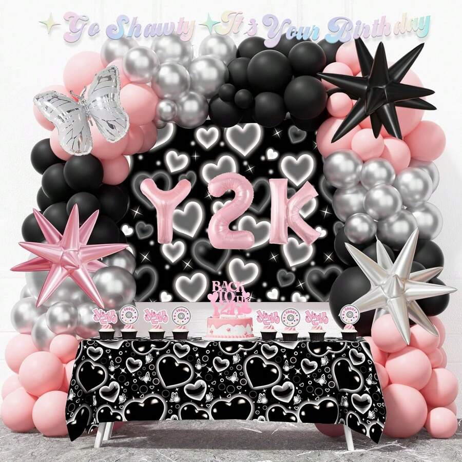 127件套Y2K主题气球拱门套装，包含爆炸星和蝴蝶铝箔气球，粉色、黑色和银色乳胶气球。适用于生日派对、90年代复古派对、情人节装饰和Y2K主题派对装饰。 - 彩色 - 查看 1