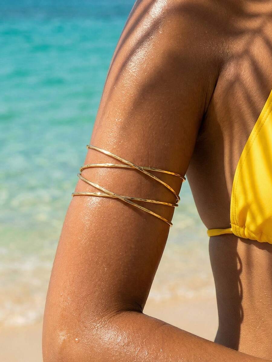1件波西米亚风度假休闲金色交叉臂环，简约时尚个性化臂环手镯，适合女性，可用于派对、晚宴、送礼、日常佩戴和旅行。 - 金色 - 查看 1