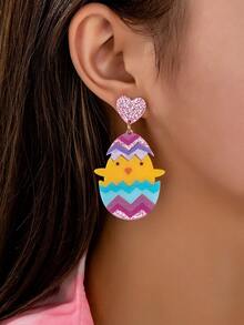 1对时尚复活节亚克力耳环，心形、裂蛋、小鸡设计，印花图案，节日礼物首饰 - 蛋 - 查看 3