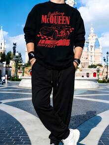 Men's Crewneck Sweatshirt And Sweatpants Set, Featuring Disney Cars Lettering And McQueen 95 Prints. A Comfortable Two-Piece Set Of Men's Hoodie And Sweatpants, Perfect As A Gift For Men. - màu đen - Xem 2