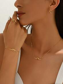 1条项链、1条手链、1枚戒指、2副耳环 - 时尚金属结饰首饰套装 - 金色 - 查看 2