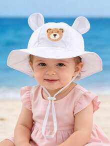 1 chiếc mũ chống nắng tai gấu dễ thương cho bé từ 3-12 tháng tuổi, có miếng vá hình gấu, dây đeo cằm điều chỉnh được, vành rộng, chống tia UV. - Mũ ngư dân hình gấu - Xem 4