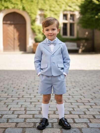 BOARNSEORL 2pcs Young Boys Gentleman Suit, Light Blue Blazer With Bow Tie And Trousers, Fashionable, Elegant, Suitable For Birthday Party, First Birthday, Wedding, Banquet, Performance