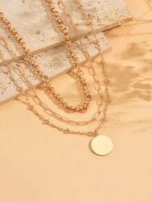 3pcs/Set Fashionable Versatile Gold Chain Layered Handmade Choker Necklace With Circular Pendant, Stylish Jewelry For Women To Wear Casually, On Dates, Parties, Music Festivals - Golden - View 3