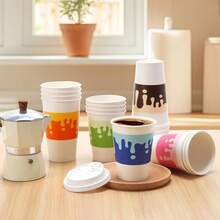 Tamone 100 PACK 12OZ Disposable Coffee Cups With Lids And Sleeves, 12OZ Paper Cups 5 Color To Go Coffee Cups With Lids Leak Proof, White Paper Cups For Cold/Hot Beverage Chocolate Cocoass For Home - Colorful - 查看 7