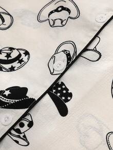 2Pcs Women's Denim Hat Printed V-Neck Button Short-Sleeved Single-Breasted Top And Pants Pajama Set, Summer Pajama Set, Comfortable At Home. - Black and White - View 6