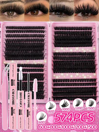 620/610/574片D型卷翘单根假睫毛套装，包含睫毛胶、镊子、多种款式假睫毛，大容量，易于使用，适合新手，持久浓密蓬松假睫毛套装，柔软自然，大容量睫毛套装，适合日常、晚宴、婚礼、约会等各种眼妆场合。