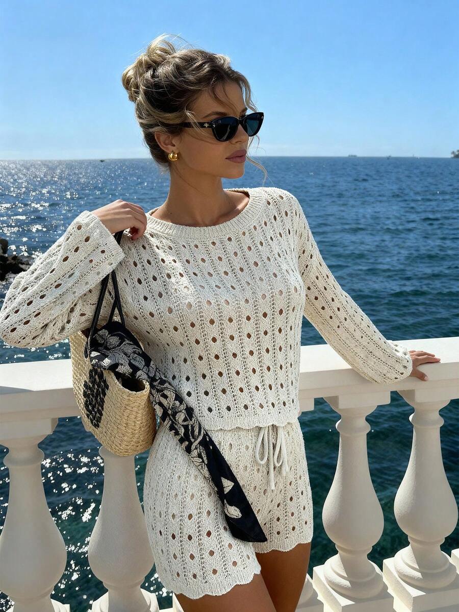 女士优雅镂空针织喇叭袖上衣，适合春夏海滩度假，可休闲搭配针织短裤，两件套 - 杏色 - 查看 1