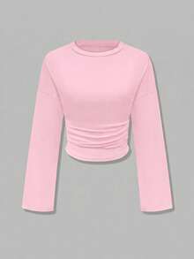Nueva blusa elegante de manga larga con cuello redondo y volantes de unicolor, adecuada para vacaciones, citas, escuela, viajes y uso diario en primavera - Rosa Pálido - Ver 6