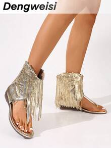 Gold Tassel Women's Bohemian Style Chunky Heel Round Toe Sandals, Versatile Comfortable Casual/Work Wear Shoes For Spring & Summer,Flip Flops - Gold - View 6