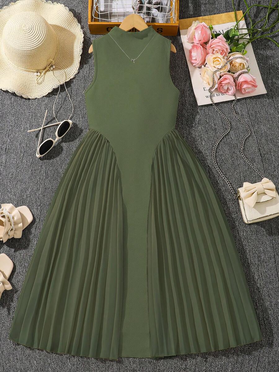 Left Mama 女童优雅立领无袖褶皱连衣裙，夏季 - 軍綠色 - 查看 1