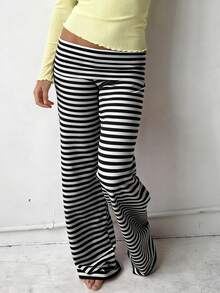Women Low Waist Loose Fit Striped Folds Over Wide Leg Pants Lounge Home Sweatpants - 灰色 - 查看 6