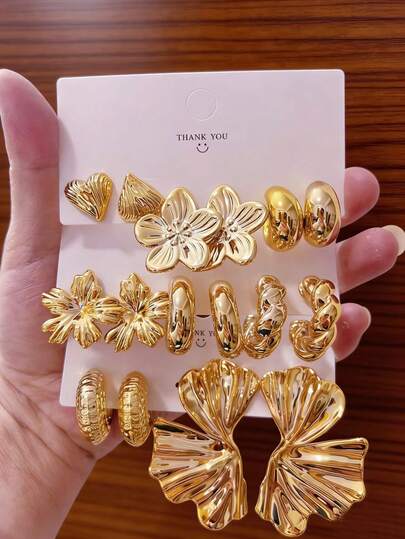 2-8 Pairs Gold-Tone Earring Set, 3D Petal, Twisted C-Hoop, Crinkled Ginkgo Leaf Unique Design, Effortlessly Chic, Tarnish-Resistant Plated, Versatile Gift For Valentine's Day, Mom, Best Friend