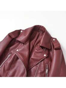 Women's Casual Short Leather  Jacket, Spring Easter Style - Burgundy - View 5