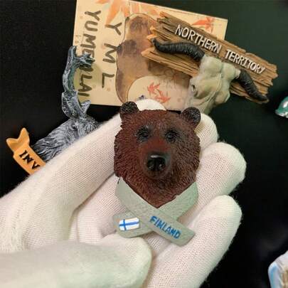 3D Animal Head Resin Crafts Fridge Magnets Finnish Travel Souvenirs Simulated Brown Bear, Antelope, Deer Decorations