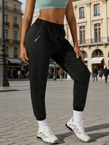 Sweet And Cool Jogger Pants For Women, Suitable For All Seasons, Simple Pocket Print, Elastic Waistband For A Slimming And Casual Look, - Black - View 5