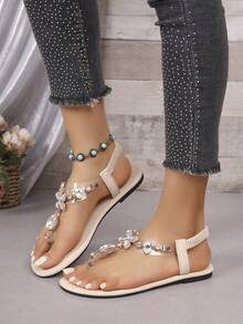 Rhinestone Embellished Flat Sandals, Suitable For Summer Dresses, Beach And Roman Style - Off White - View 5