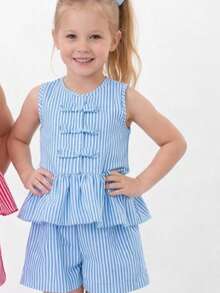 Children's Striped Set: Peplum Top With Bows + Striped Shorts - Blue - View 4