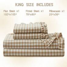4 Pieces Plaid Ruffle King Size Sheets Set, Cotton Gingham King Sheet Set Linen Feel Comfy Breathable Ruffed Plaid Bed Sheet Set With 16 Inches Deep Pocket, Taupe - TaupePlaidKing - View 4