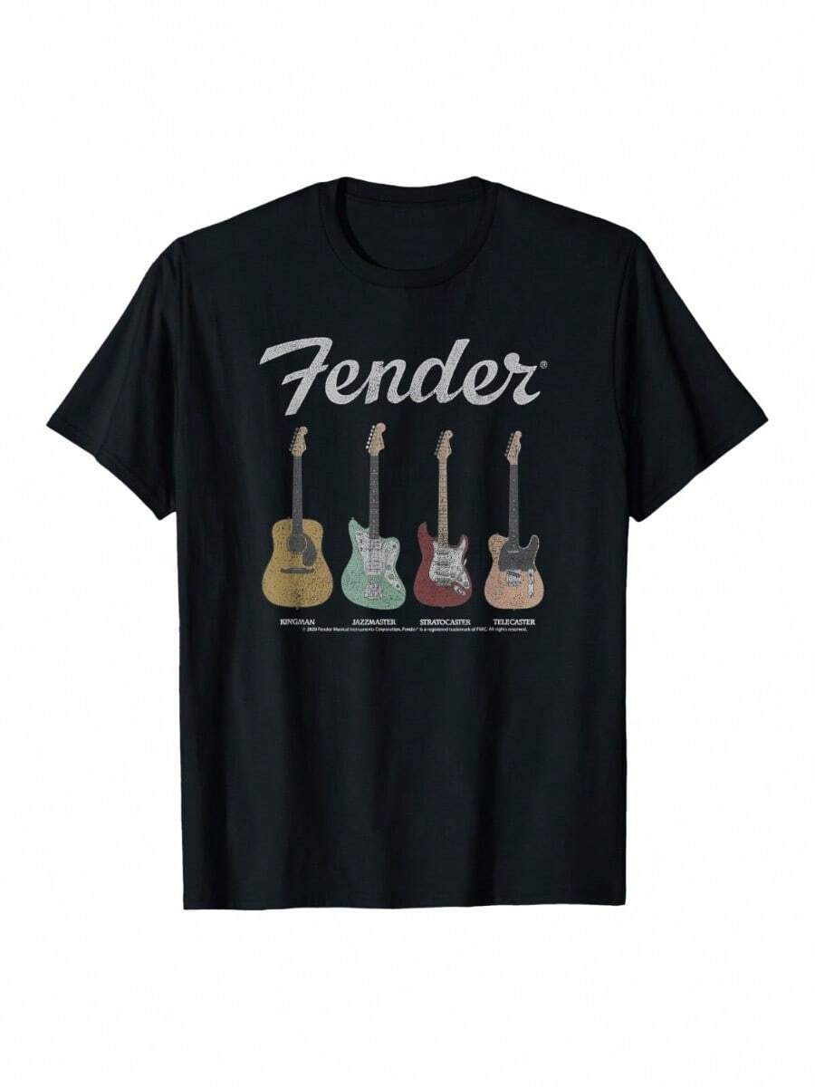 1pc Fender Vintage Pattern T-Shirt With Classic Guitar Lineup Print Detail, Machine Washable Cotton Fabric, Lightweight, Breathable, Soft, Skin-Friendly, Durable, Fade-Resistant, All-Season Wear Functions, Retro Music Fan Style, Crew Neck Short Sleeve Graphic Tee T-Shirt, Suitable For Daily Wear, Music Events, Streetwear, Guitar Fans - 黑色4 - 查看 1