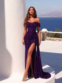 ADYCE Women's Shiny Off Shoulder Ruched Waist Long Satin Tie-Up Front Slit Open Back Party Dress, Sequin Formal Gown For Christmas Party Wedding Spring - Purple - View 1