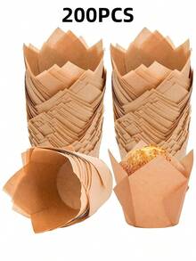 50/100/200pcs Natural Tulip Cupcake Liners, Unbleached European Style Baking Cups, Tulip Cupcake Wrappers, Party & Christmas Cake Cups - Wood Color - View 9