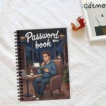 GDTME 1本密码本，双面印刷，双螺旋装订。封面设计描绘了一位男士在舒适的家庭办公室环境中阅读书籍，背景元素包括咖啡、笔记本电脑和绿植，以及“密码本”字样。专为都市居民设计。文具、日记本、笔记本、办公用品。 - ZJ-362男青年密碼記事本(A5) - 查看 3