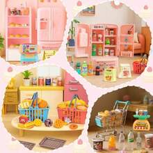 180 Pcs Dollhouse Furniture Miniature Kitchen Accessories Mini Shopping Cart Metal Trolley Basket Food Drink Toy Supermarket Store Grocery Shelves Cash Register Fridge Scale Pretend Play Game PartyChildren's Joyful Games, Essential Toys For Children - As Pic - View 8