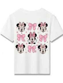 Disney Minnie Mouse With Pink Bow And Flowers Double-Sided Printed Pattern T-Shirts For Girls - Children's Clothing Design Short-Sleeved Casual And Cute Style Comfortable And Casual Wear All - 白色 - 查看 3