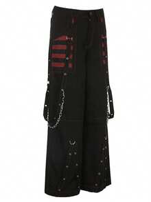 Women Cargo Jeans, Striped Zipper Button Closure Loose Casual Trousers Streetwear With Pockets - 紅色 - 查看 4