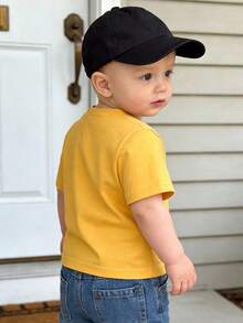 1件新生儿男女宝宝休闲可爱复古风圆领短袖柔软舒适黄色T恤上衣，适合户外活动、社交聚会、周末玩耍、春夏季节穿着。 - 黃色 - 查看 3