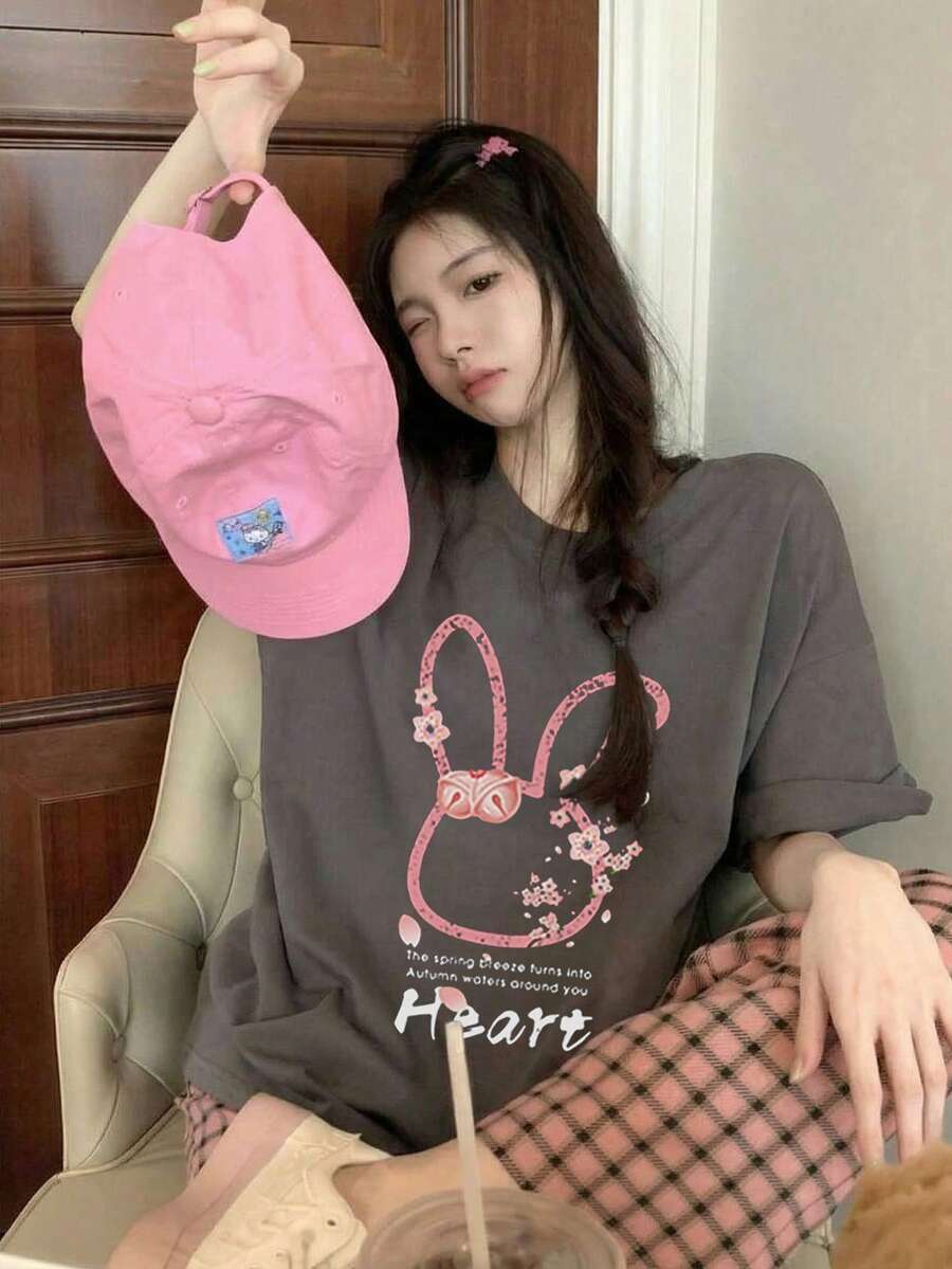 Japanese Style Women Loose Casual Round Neck Letter & Cartoon Rabbit Print Short Sleeve T-Shirt, Spring/Summer - Dark Grey - View 1