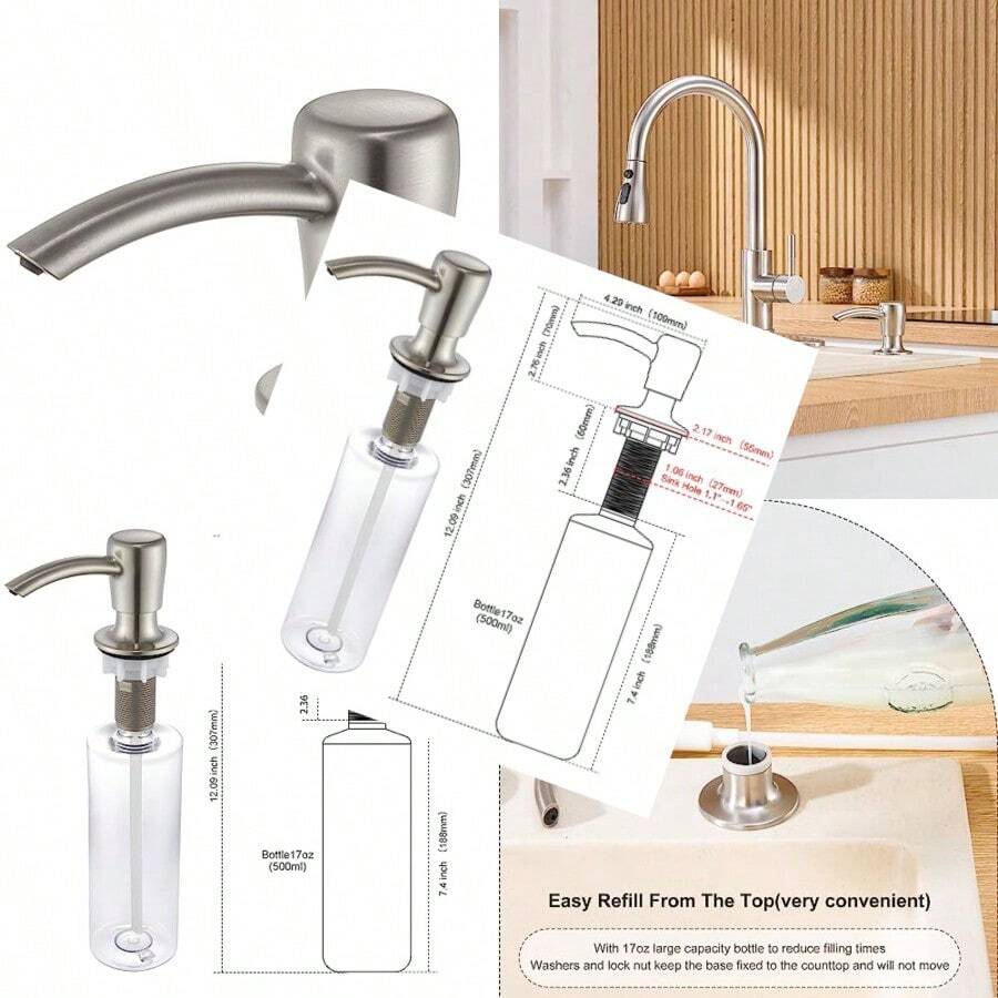 GAGALIFE Dispensador de jabón para fregadero de cocina con botella grande de 17 onzas dispensador de jabón para fregadero de cocina repuesto desde la parte r níquel cepillado - Níquel cepillado - Ver 1