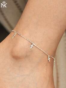 SYMFNY 1件简约925纯银素面十字架吊坠脚链，男女皆宜，日常佩戴 - 銀色 - 查看 1