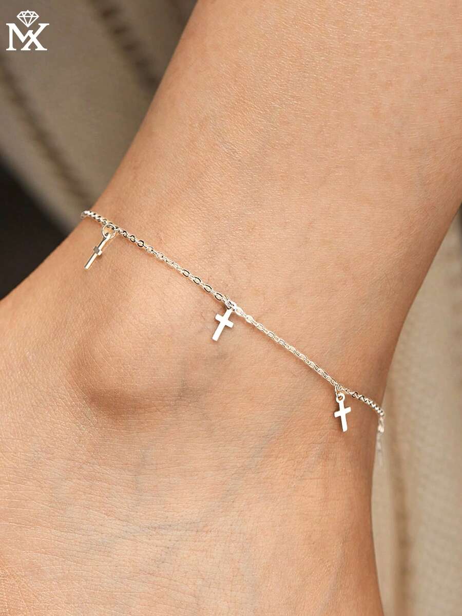 SYMFNY 1件简约925纯银素面十字架吊坠脚链，男女皆宜，日常佩戴 - 銀色 - 查看 1