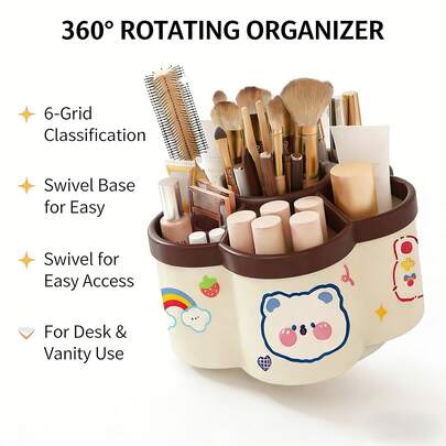 360 Degree Rotating Storage Box - 6 Slots Reinforced Shock-Proof Makeup Brush Holder Aesthetic Desktop Accessory Suitable For Women And Girls - Customizable DIY Design For Personalized Artworks